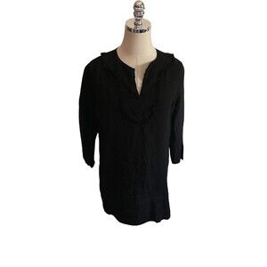 Russ Berens Top Women's Size Medium Black Linen Ruffle V-Neck 3/4 Sleeve